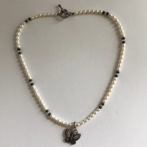 Vintage Handmade Sterling Silver Butterfly Pearl Swarovski Crystal Necklace 16 - Picture 5 of 8